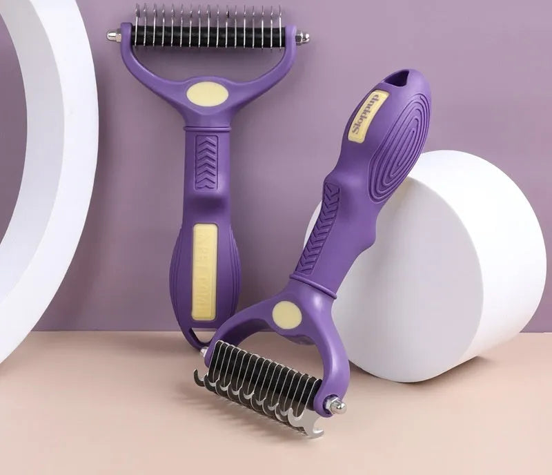 Purple double-sided pet grooming comb for detangling knots and brushing dog and cat fur