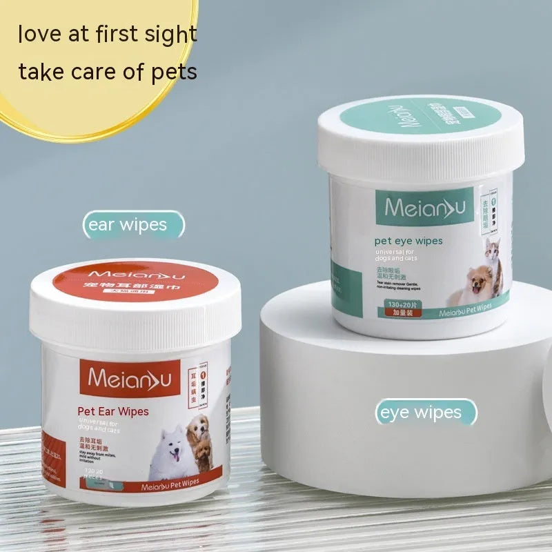 Box of pet ear and eye cleaning wipes, non-woven fabric, 130 or 150 pieces, for dogs and cats