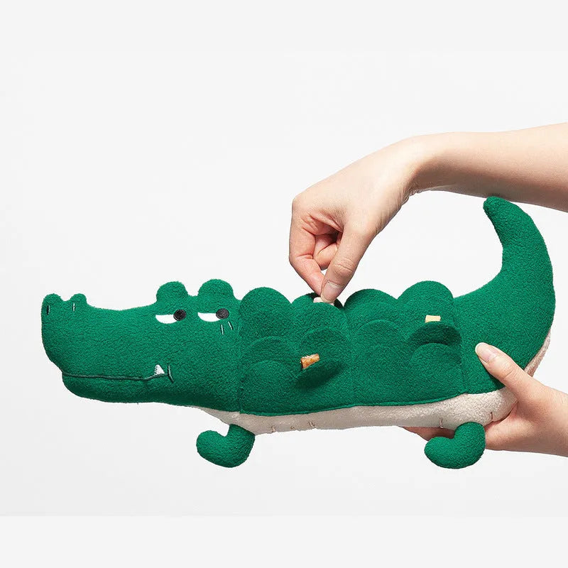 Green plush toy dog with interactive features, showing 35cm length.