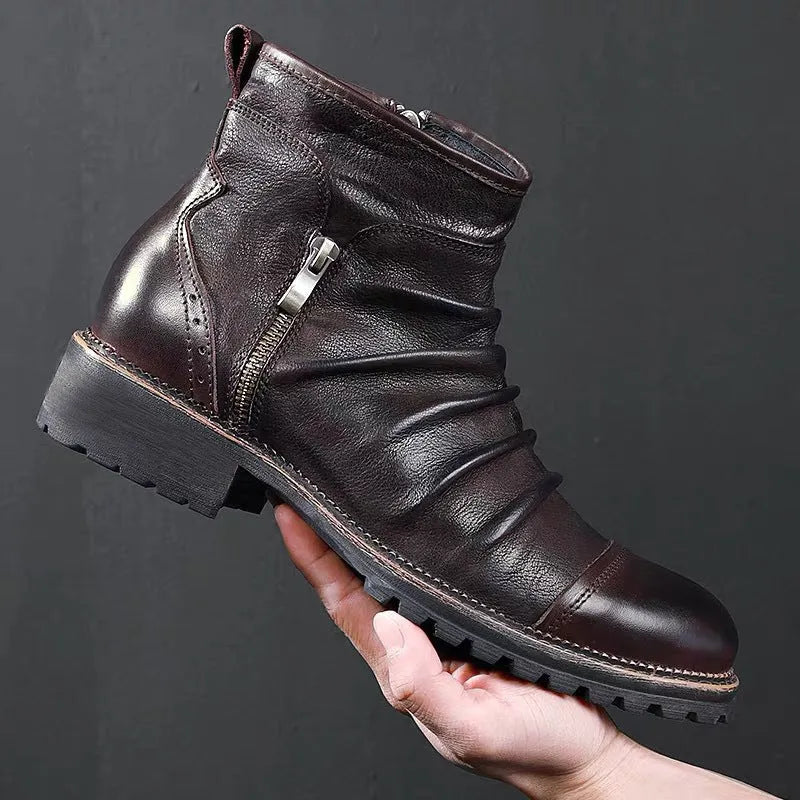 Men's black PU leather cowboy boots with side zipper, round toe, and mid-height horseshoe heel.