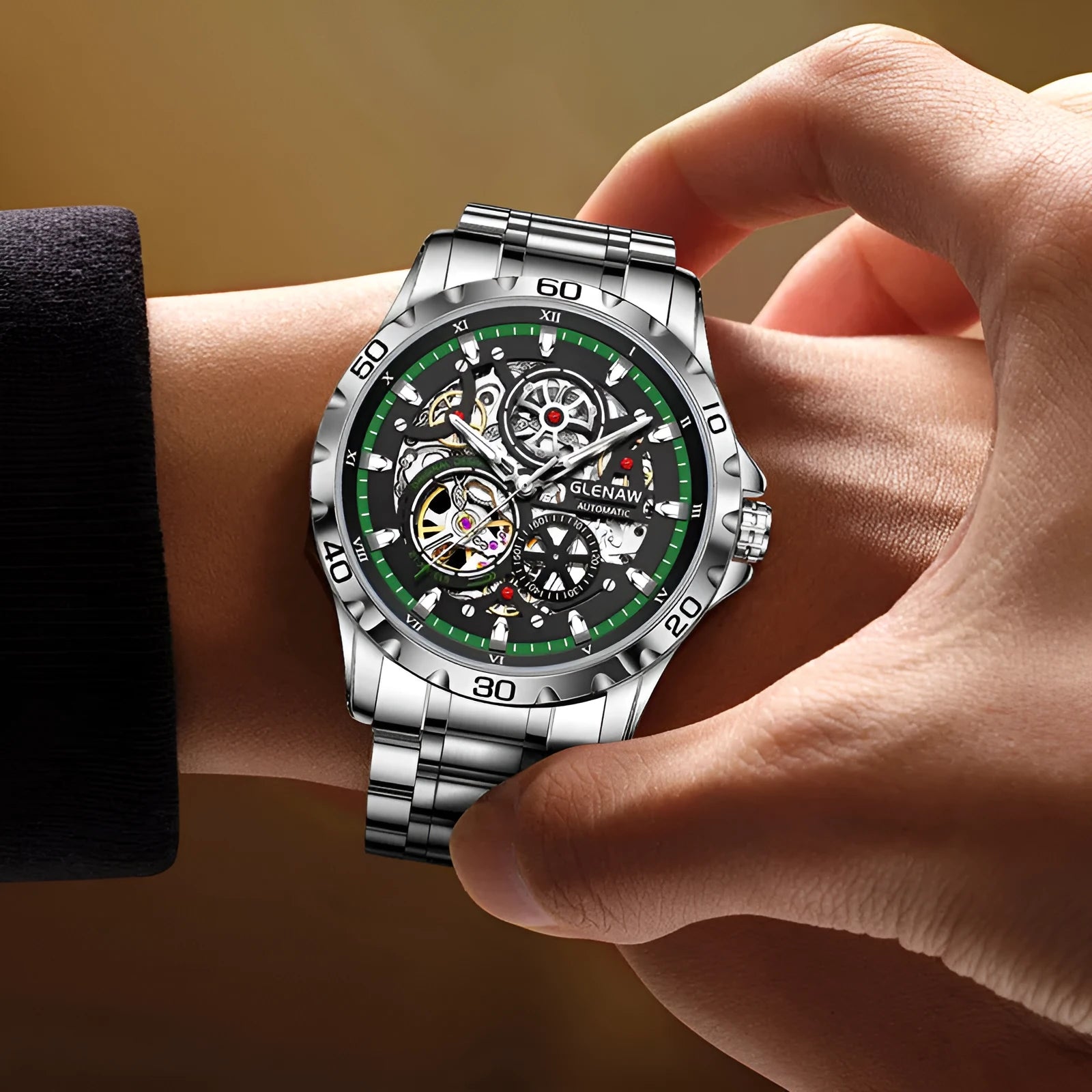 Men's automatic mechanical watch with hollow-out luminous dial and stainless steel strap