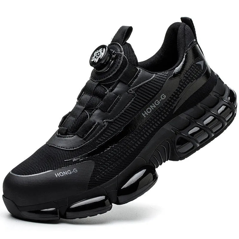 Lightweight flyknit work safety shoes with steel toe protection in black colour