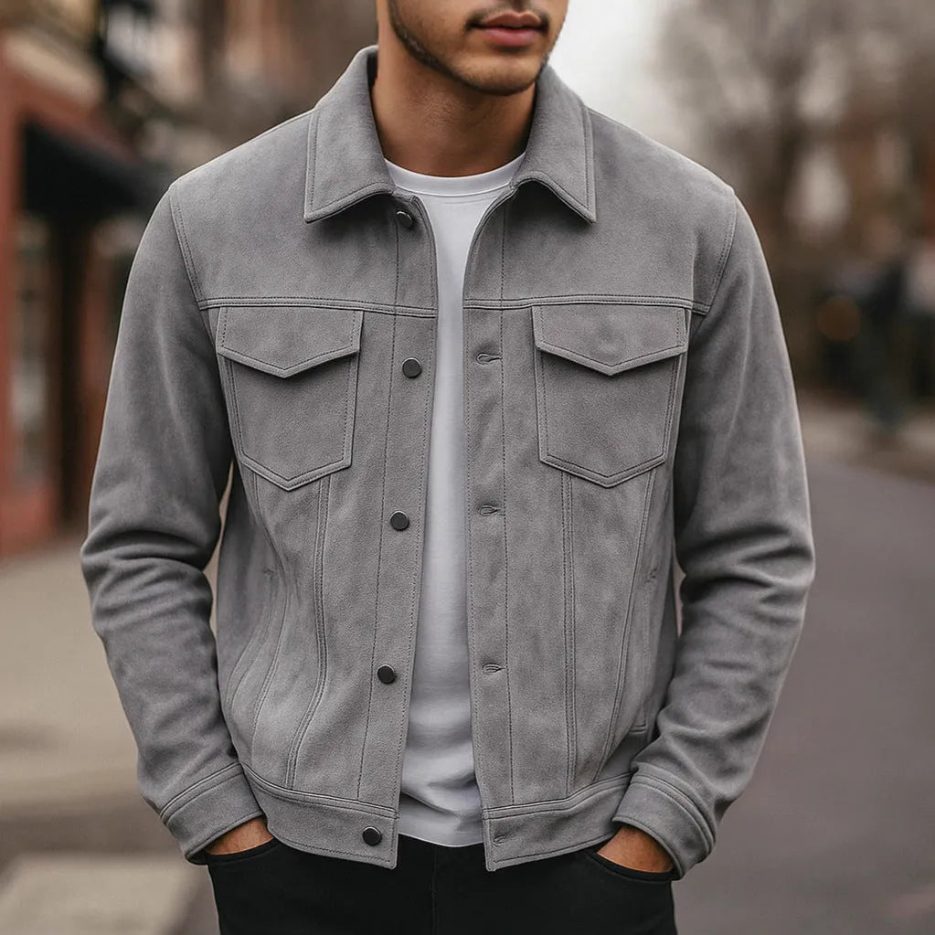 Men's suede winter lapel work jacket with 3D patch pocket, loose fit, brown apricot or grey, sizes S-XXL