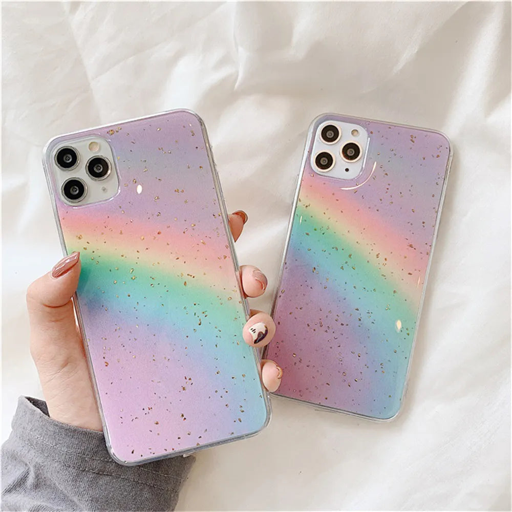 Rainbow gradient striped flexible TPU case for iPhone on a white background.