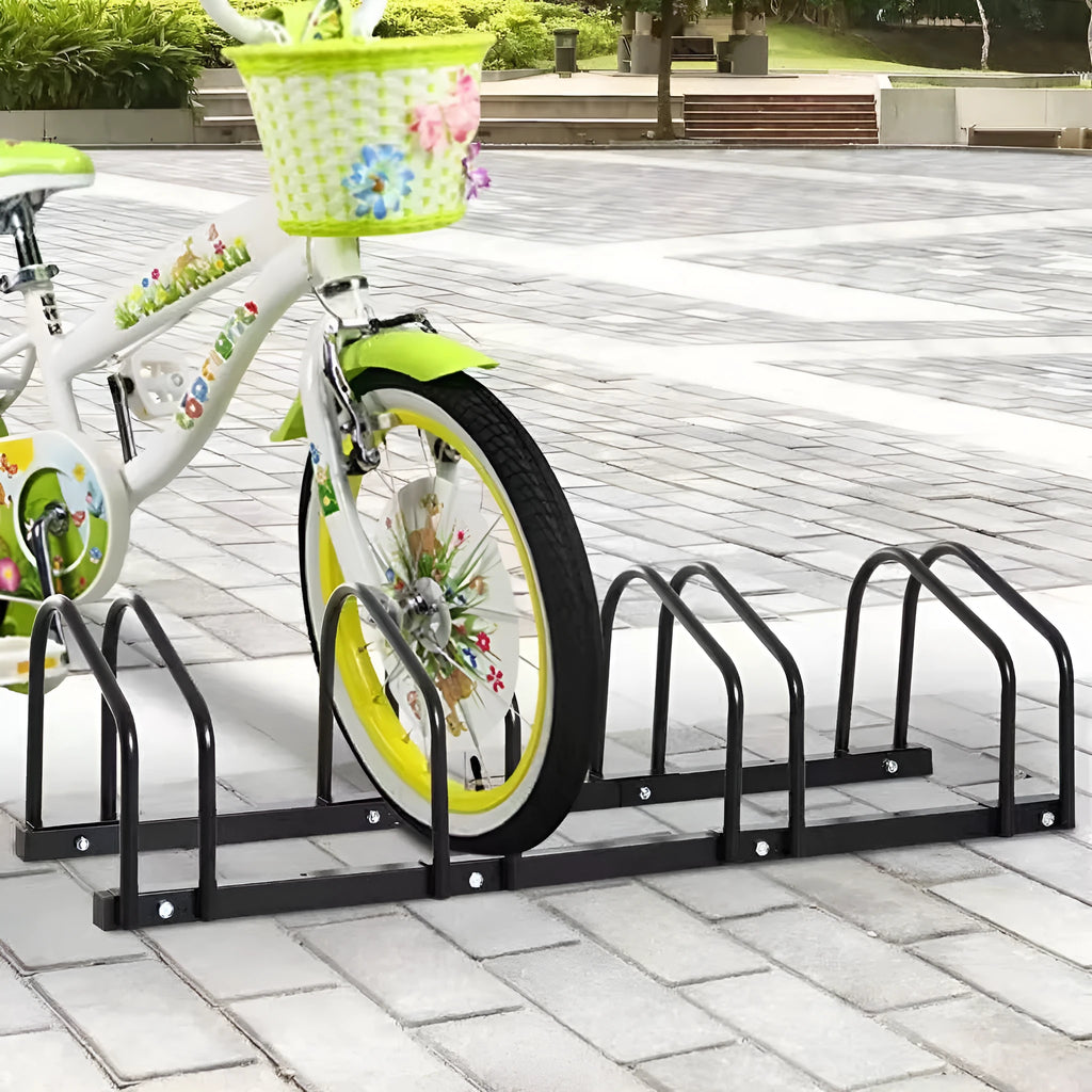 Black metal split card bicycle parking rack with four positions for bike storage