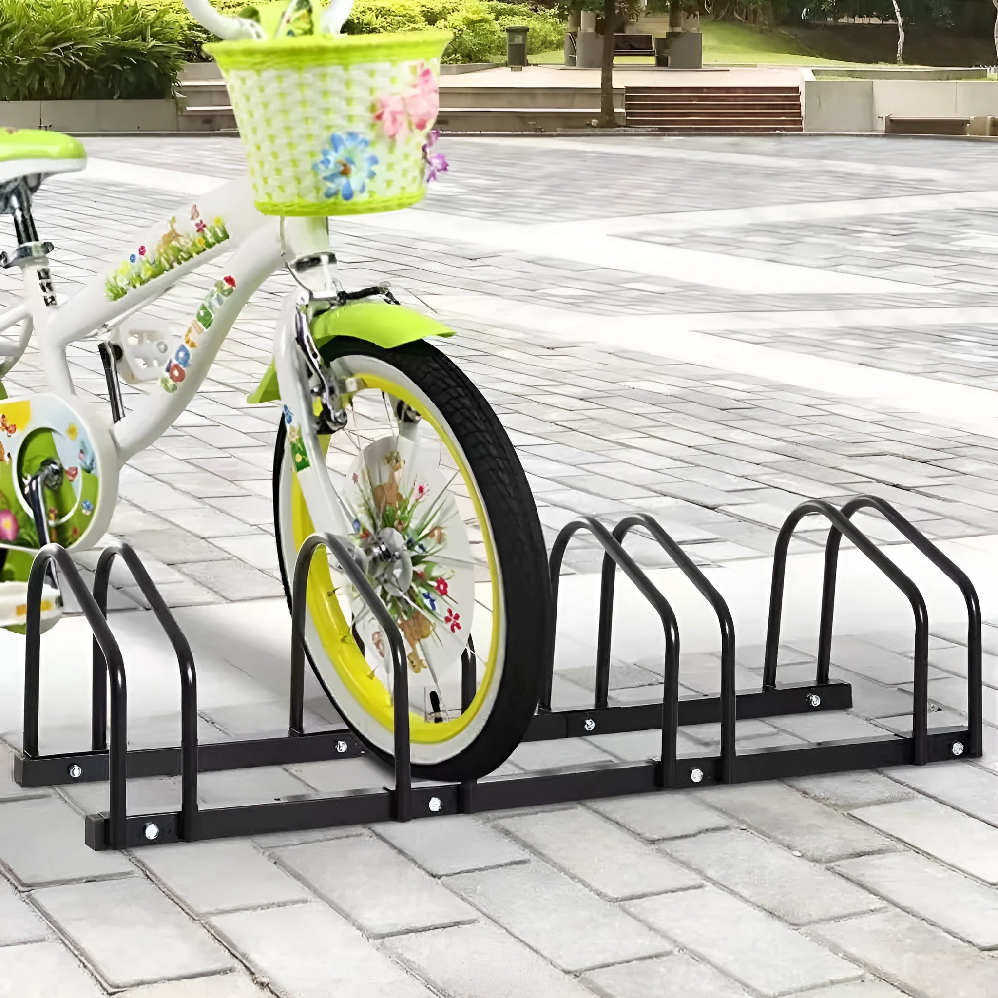Black metal split card bicycle parking rack with four positions for bike storage