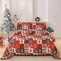 Red and white plaid Christmas pattern quilt cover and pillowcases on a bed.