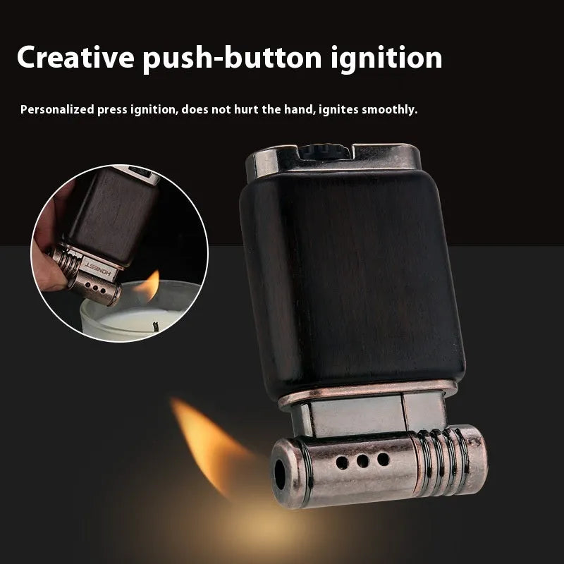 Black wood finished ebony gas lighter with rosewood decorative patterns including sun face and good luck symbols