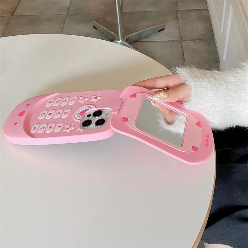 Light pink silicone flip phone shape mirror case for iPhone with cute cartoon design