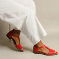 Red women's plus size square buckle summer sandals with herringbone toe holder on artificial pu upper