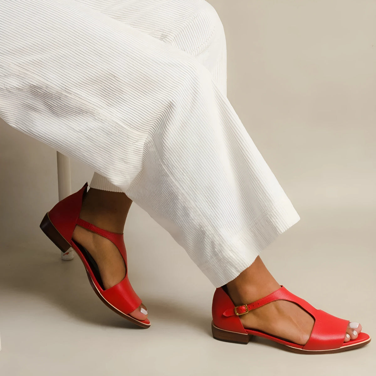 Red women's plus size square buckle summer sandals with herringbone toe holder on artificial pu upper