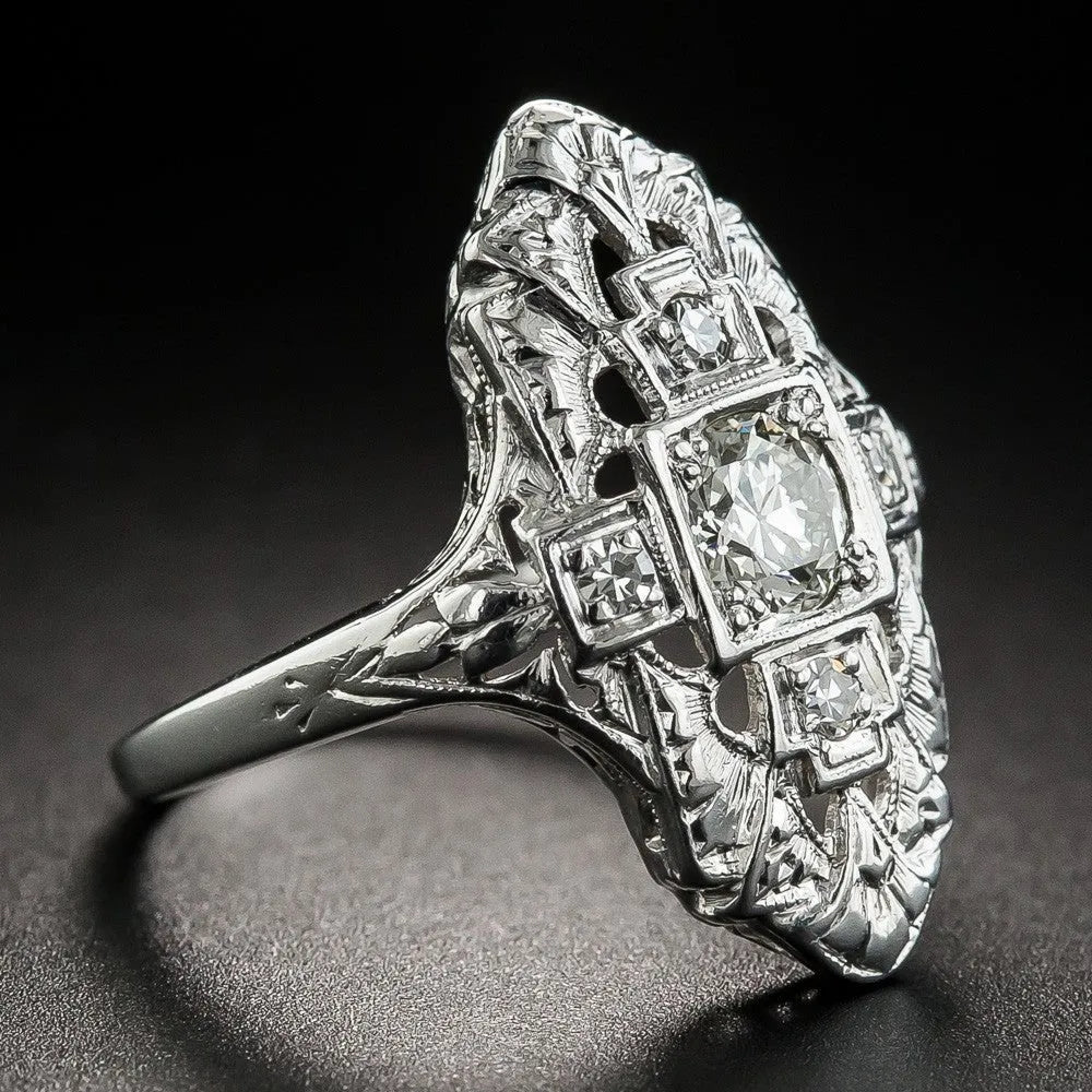 Hollow copper ring with electroplated silver finish and diamond studding in geometry shape