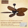 Retro ceiling fan light with wooden blades and three copper lampshades hanging from ceiling