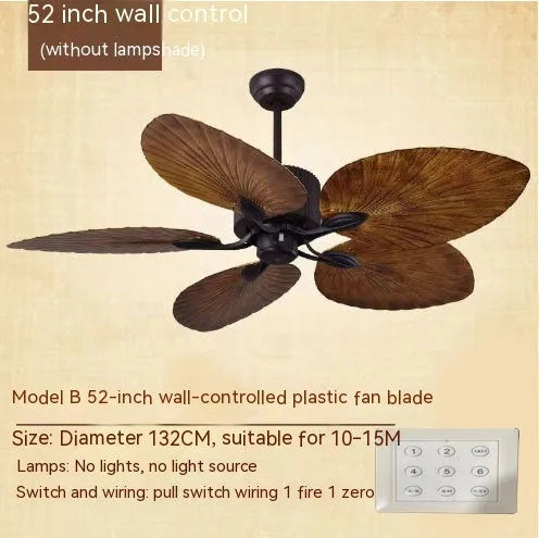 Retro ceiling fan light with wooden blades and three copper lampshades hanging from ceiling