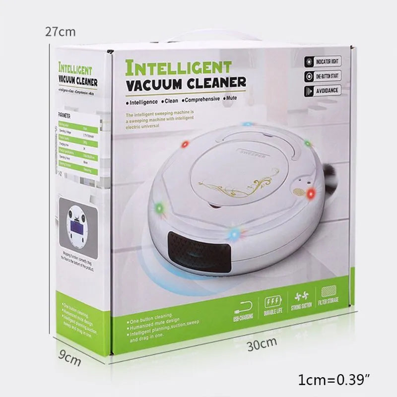 Lazy Smart floor sweeping robot vacuum cleaner in black, blue, or white on a hard floor.