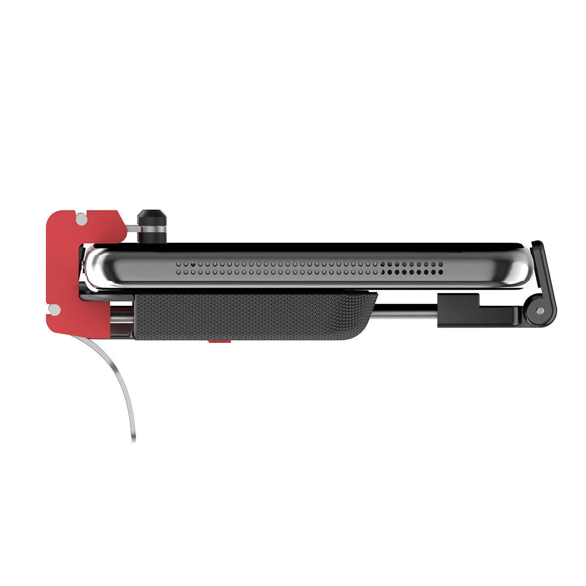Black mobile phone gaming trigger bracket with an adjustable metal trigger and telescopic side clip.
