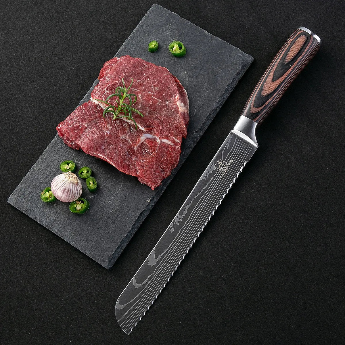 Chef knife with laser Damascus pattern on blade, steel handle, showing 30cm length.