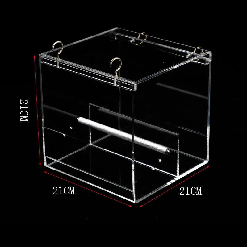 Clear acrylic bird feeder food box for parrots, available in small, medium, and large cube sizes.