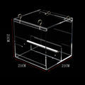 Clear acrylic bird feeder food box for parrots, available in small, medium, and large cube sizes.