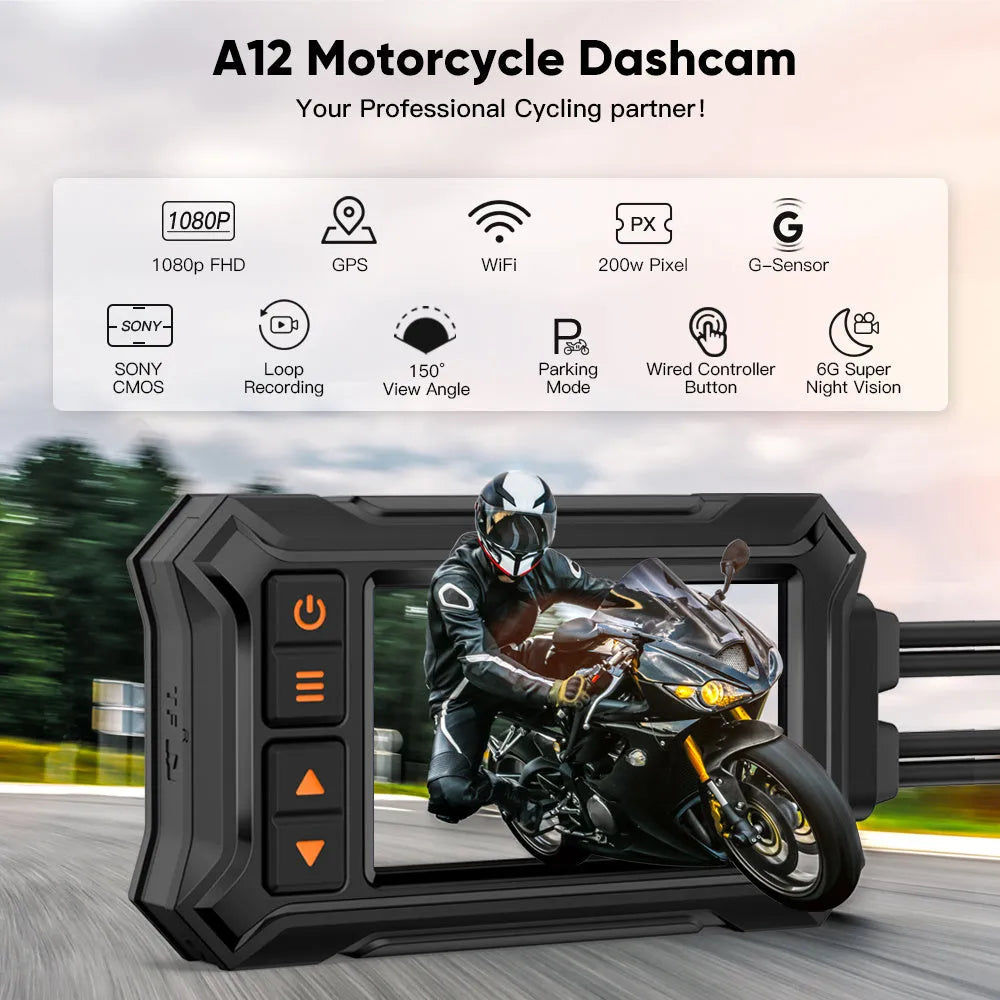3-inch motorcycle dash camera with dual lenses, GPS module, and cables on a motorcycle handlebar