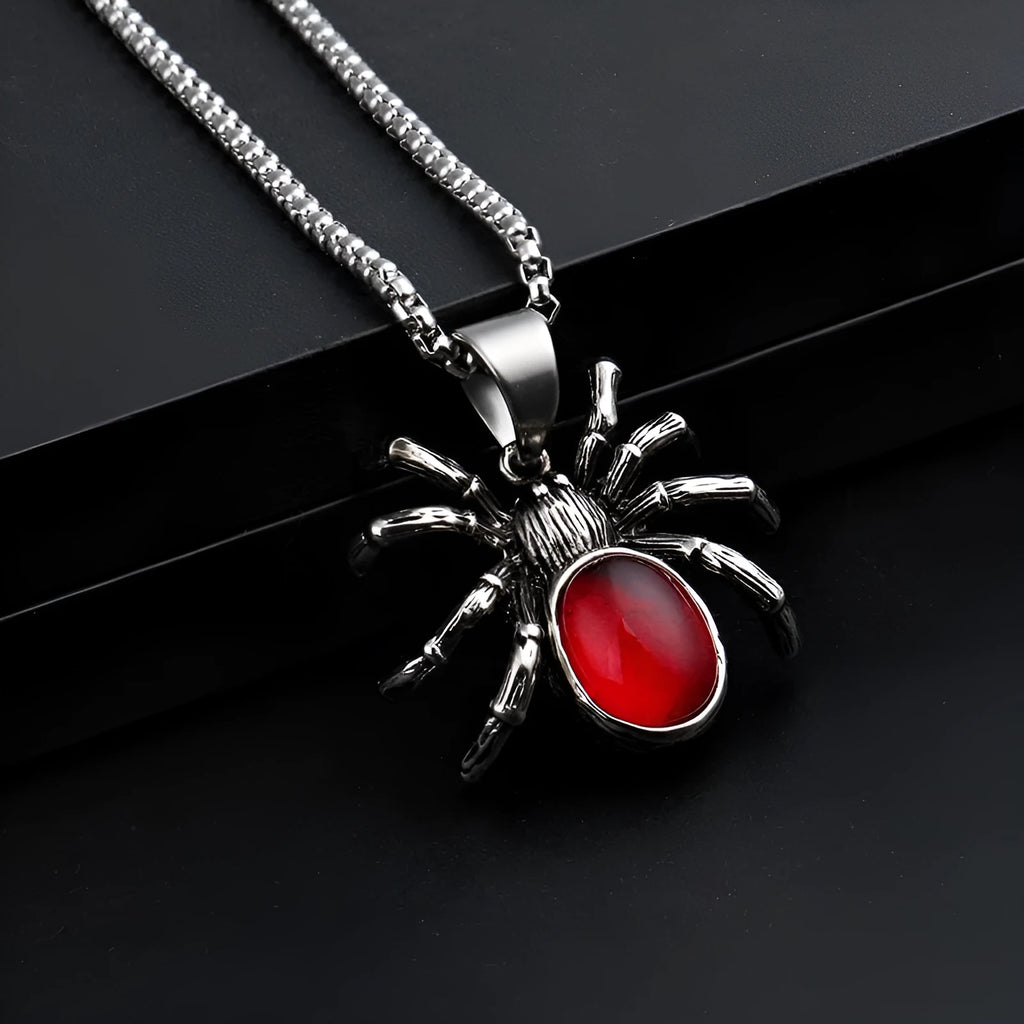 Men's vintage black widow spider pendant necklace with red crystal detail on zinc alloy link chain