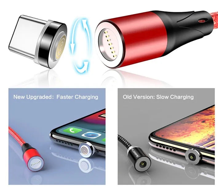 Black magnetic data cable with LED light on connector next to smartphone