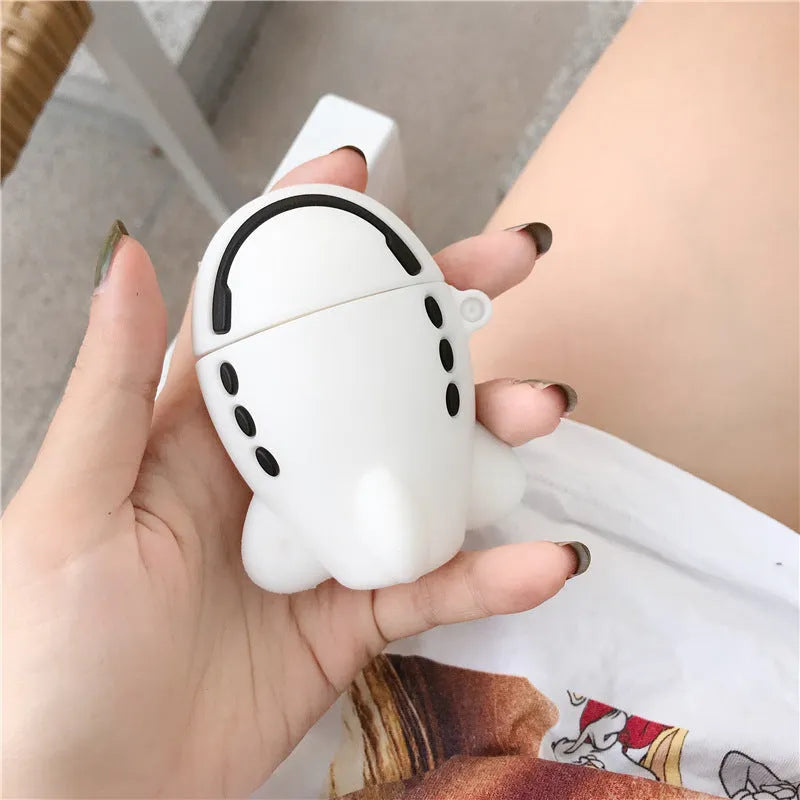 Silicone flip-cover protective case for AirPods 1 and 2 with airplane headset cartoon print and carry hook.
