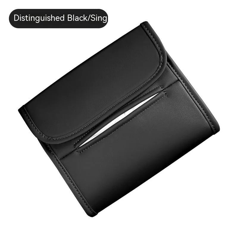 Leather car tissue box holder with elastic strap mounted on vehicle sun visor