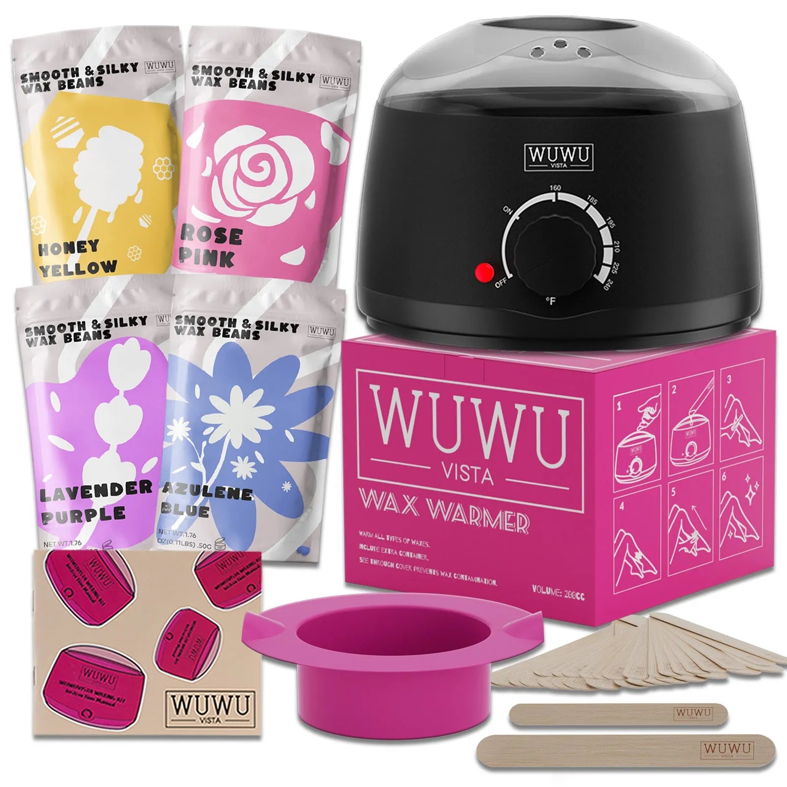 27-piece hair removal wax kit showing four coloured wax beads, wax warmer machine, and applicator sticks