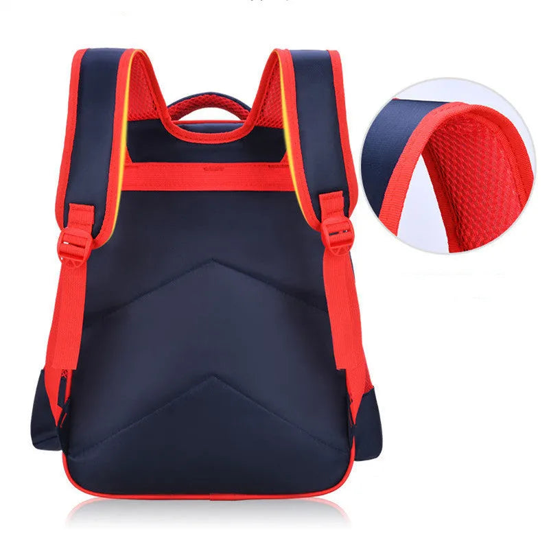 Blue children's cartoon print backpack with pencil case, shown from the side.