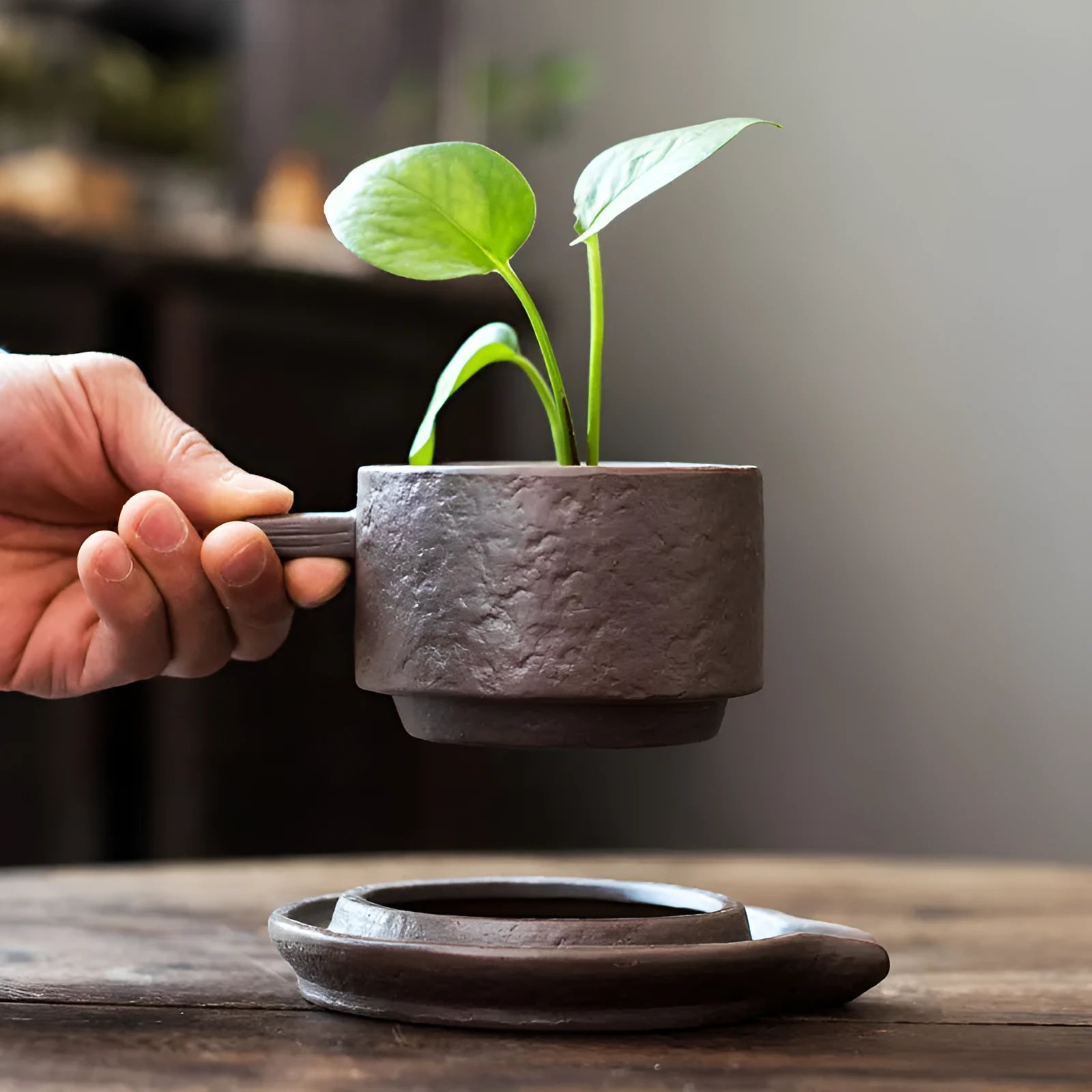 Ceramic desktop flowerpot with semi-manual grouting texture, stone revolve style