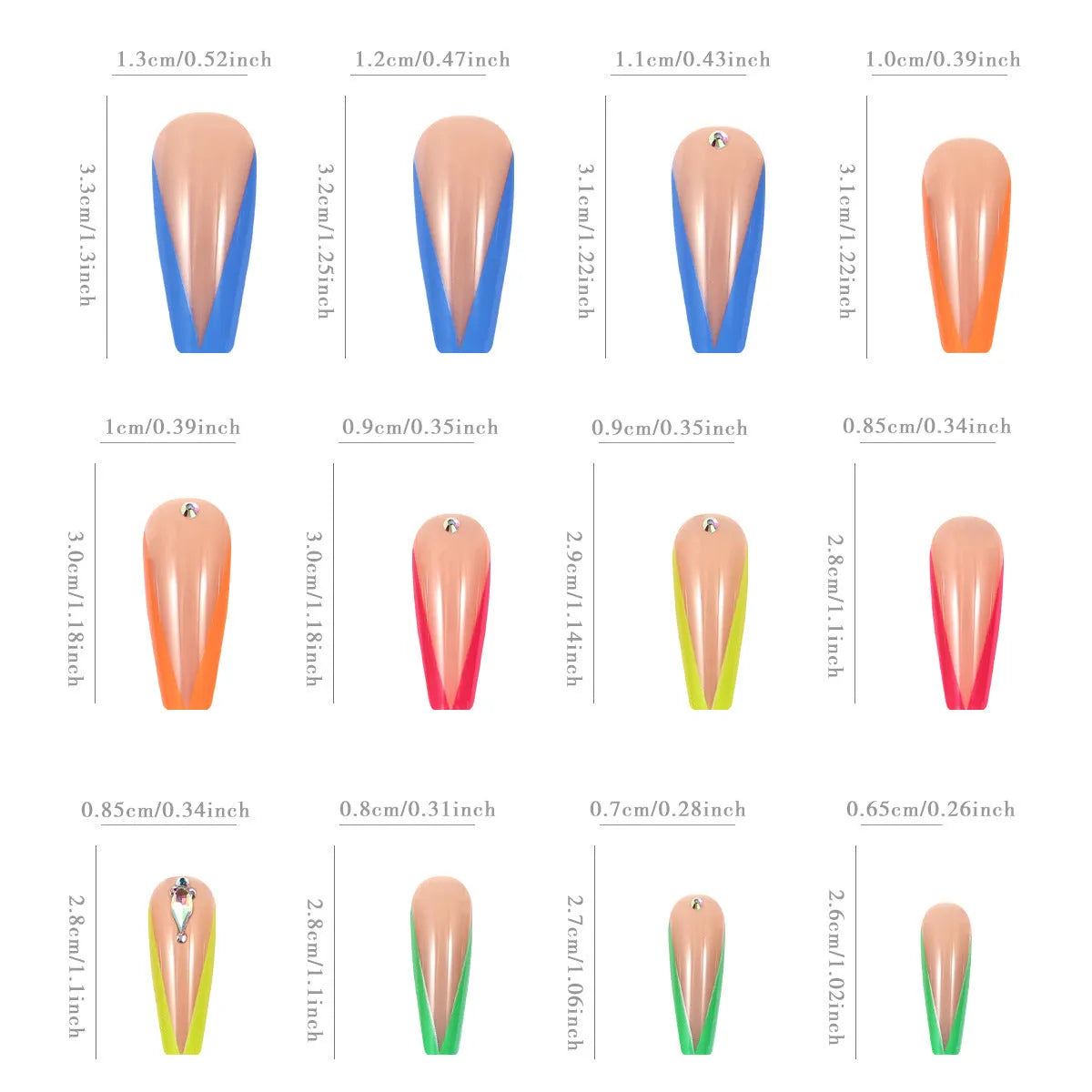 Detachable false nail tips with diamond colour French design and red cartoon love cross hearts.