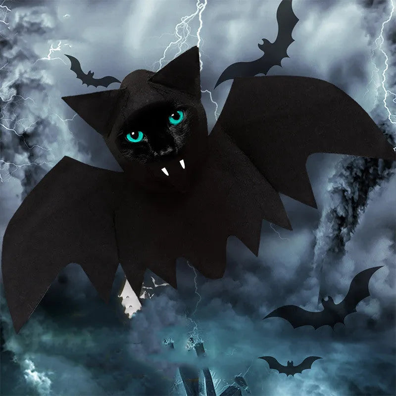 Black felt bat wing costume for cats and dogs with Velcro strap, size L shown on a pet
