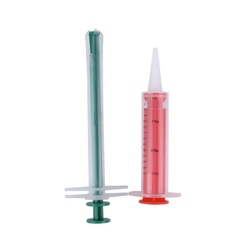 Two silicone pet pill shooter dispensers with soft tips for feeding medicine to cats and dogs