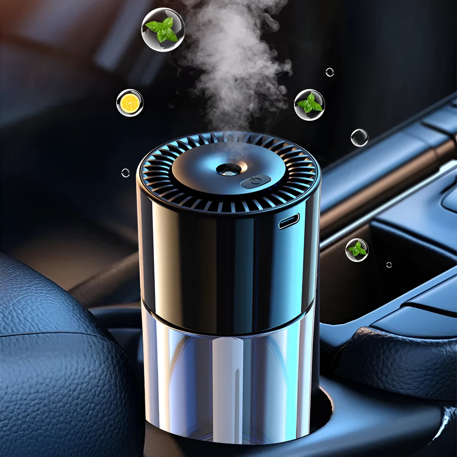 Glass AI intelligent spray perfume humidifier on a desk with USB cable.