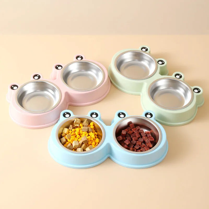 Stainless steel pet double bowl with non-slip frog base in blue, green, and pink colour options