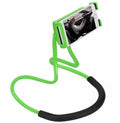 White universal neck phone holder with 360-degree rotating clamp holding a smartphone.