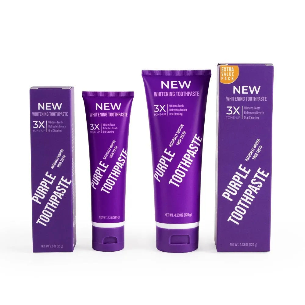 Purple whitening toothpaste tube for adults in 120g and 65g sizes for removing yellow stains