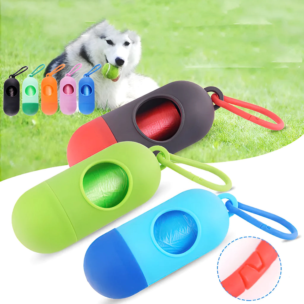 Compact dog poop bag holder with metal hook and adjustable Velcro strap