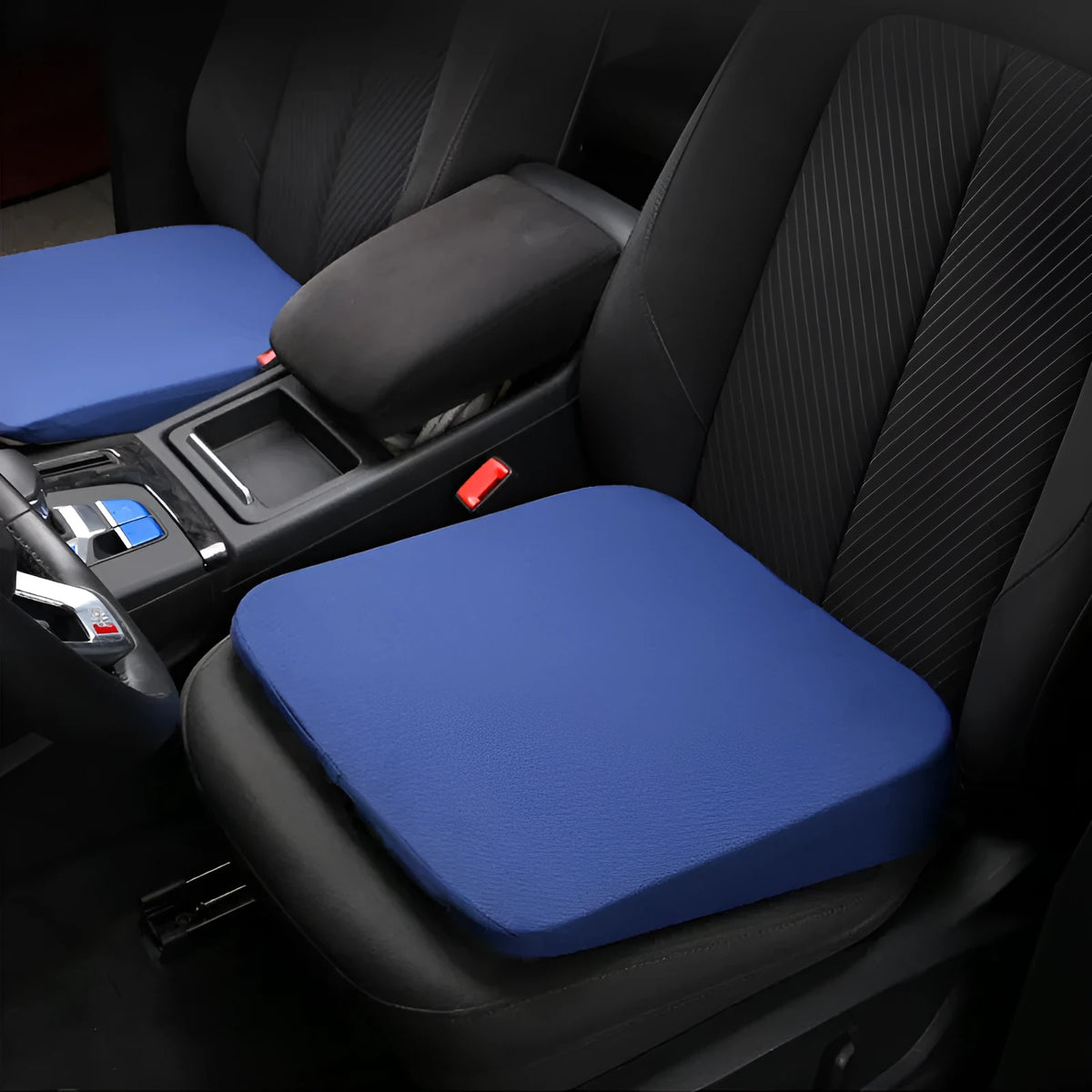 Black car heightening seat cushion with thick foam construction measuring 42x39x6cm