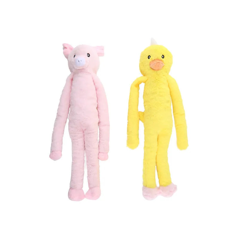 Plush golden retriever dog toy with rattle and crinkle paper in pink and yellow colours
