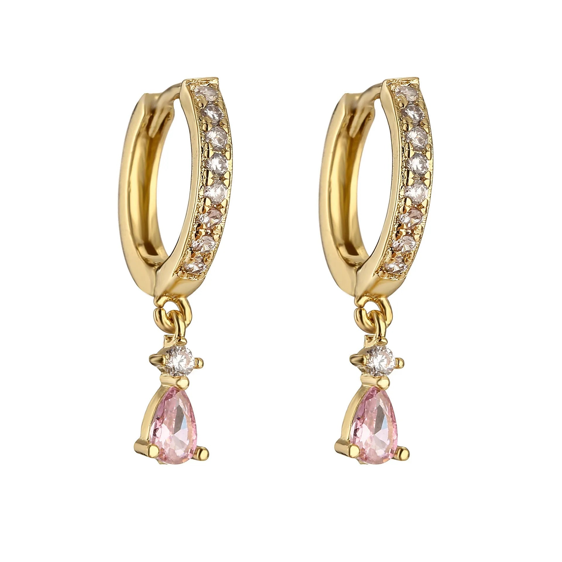 Women's geometric copper earrings with micro-inlaid colourful crystals in water drop shape, gold-plated finish