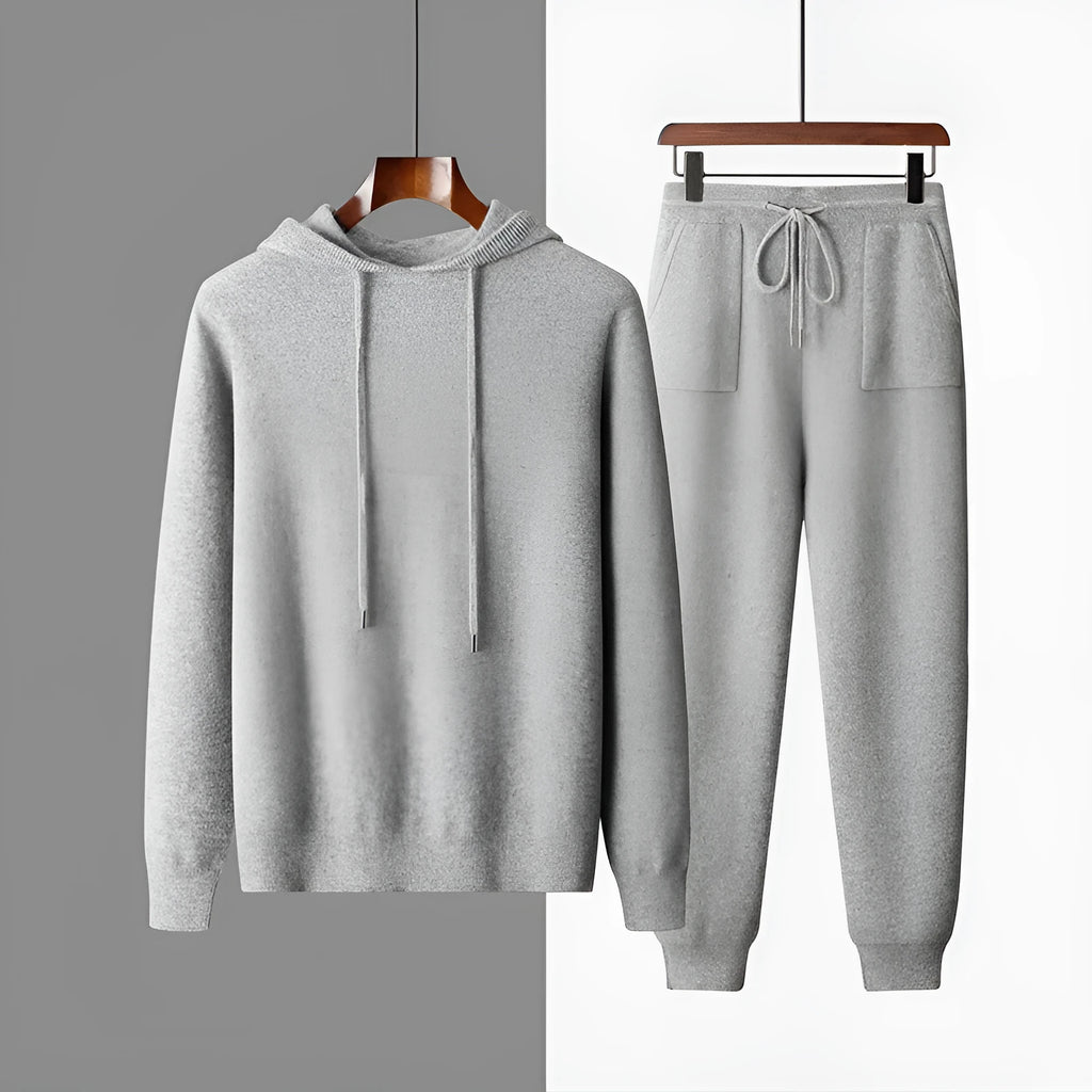 Men's dark gray cashmere hooded sweatshirt and matching trousers set for winter leisurewear