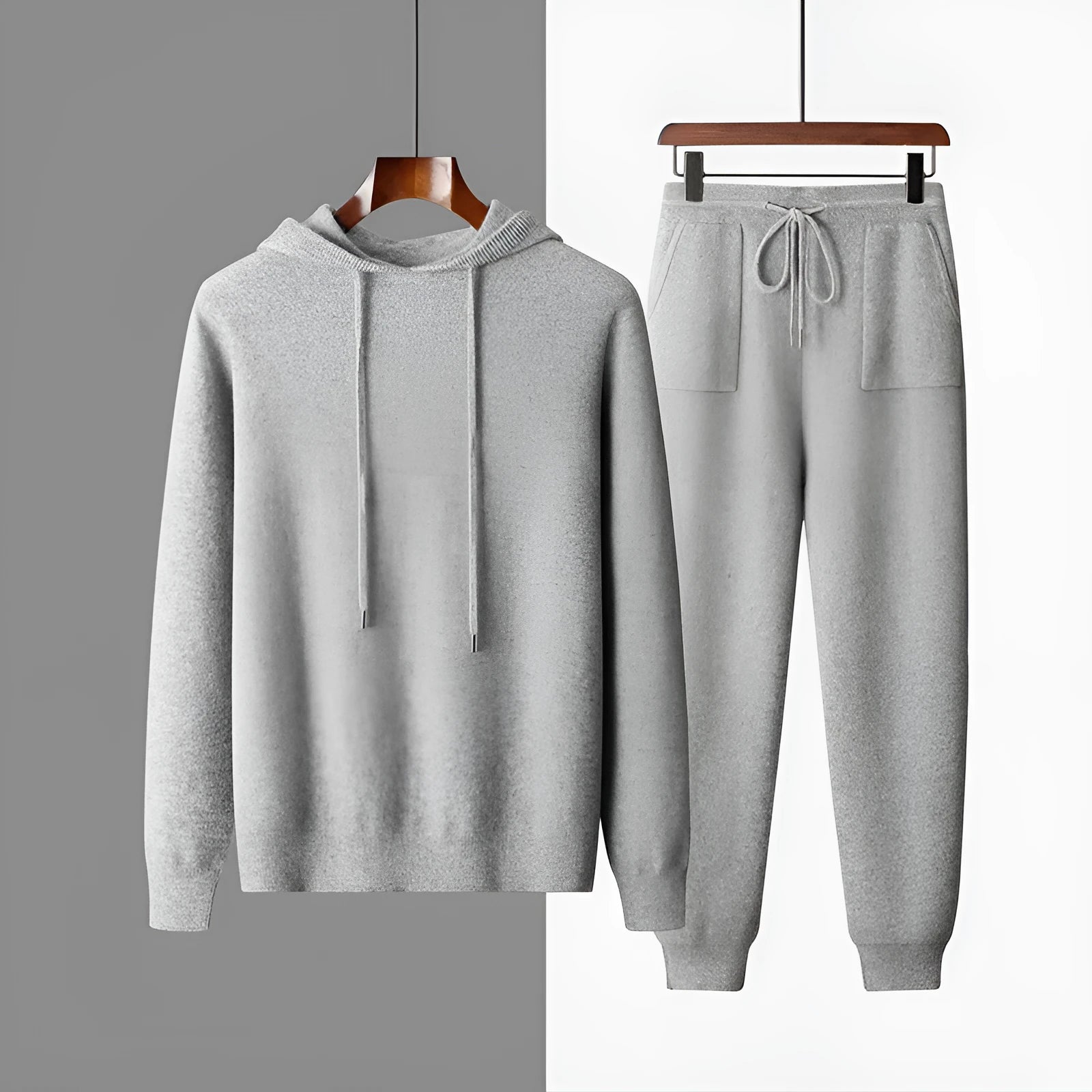 Men's dark gray cashmere hooded sweatshirt and matching trousers set for winter leisurewear