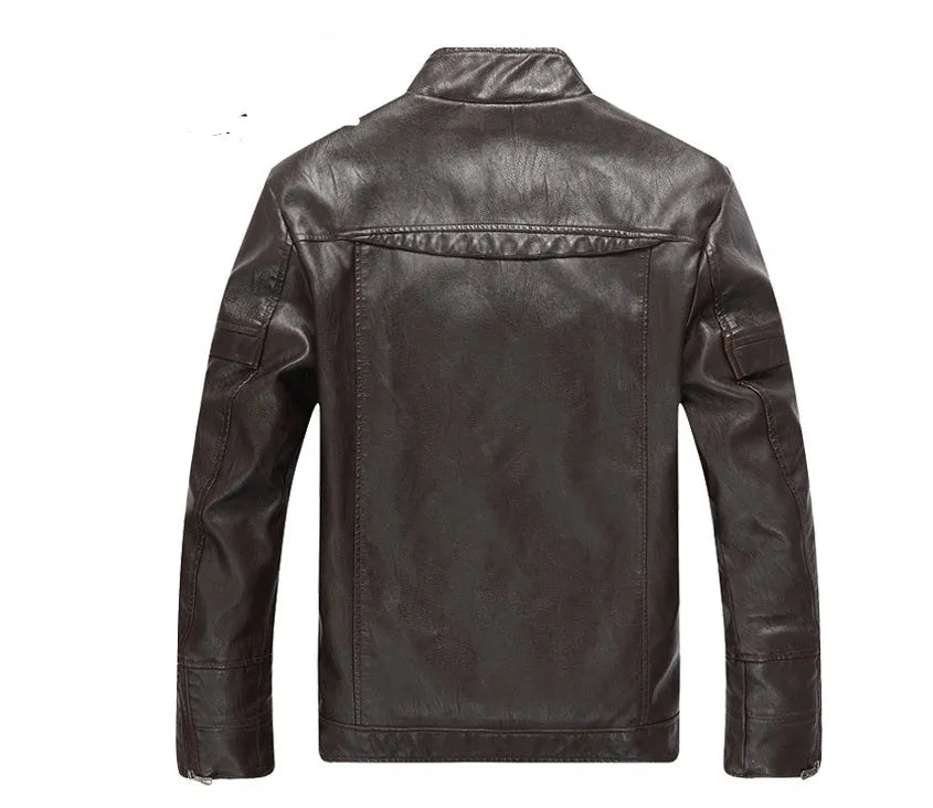 Washed PU leather biker jacket in Black, Coffee or Khaki, sizes L to 5XL with polyester lining