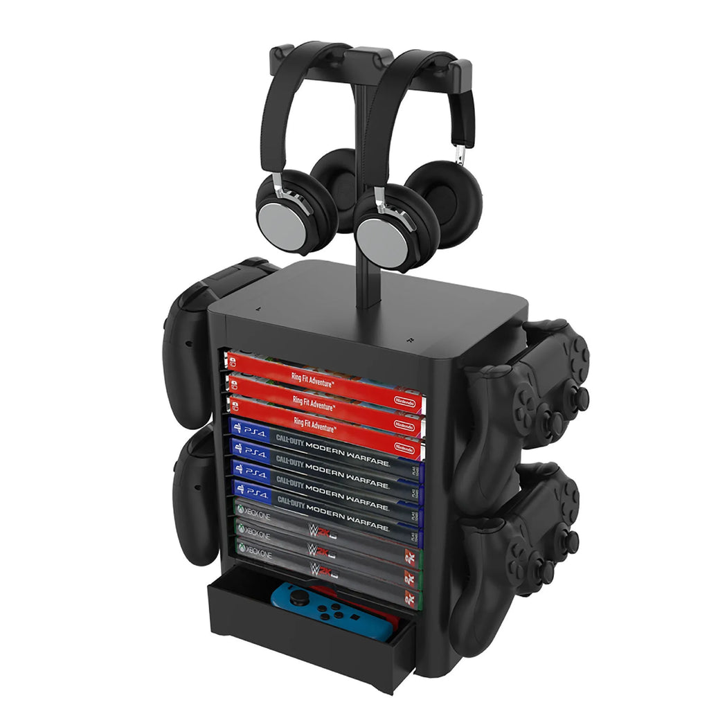 Black ABS plastic gaming console CD storage rack with headphone holder and pull-out drawer