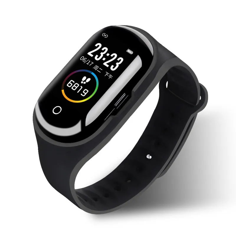Smart bracelet and earphone combo with 1-inch touchscreen and silicone wristband in black, blue, or red colours
