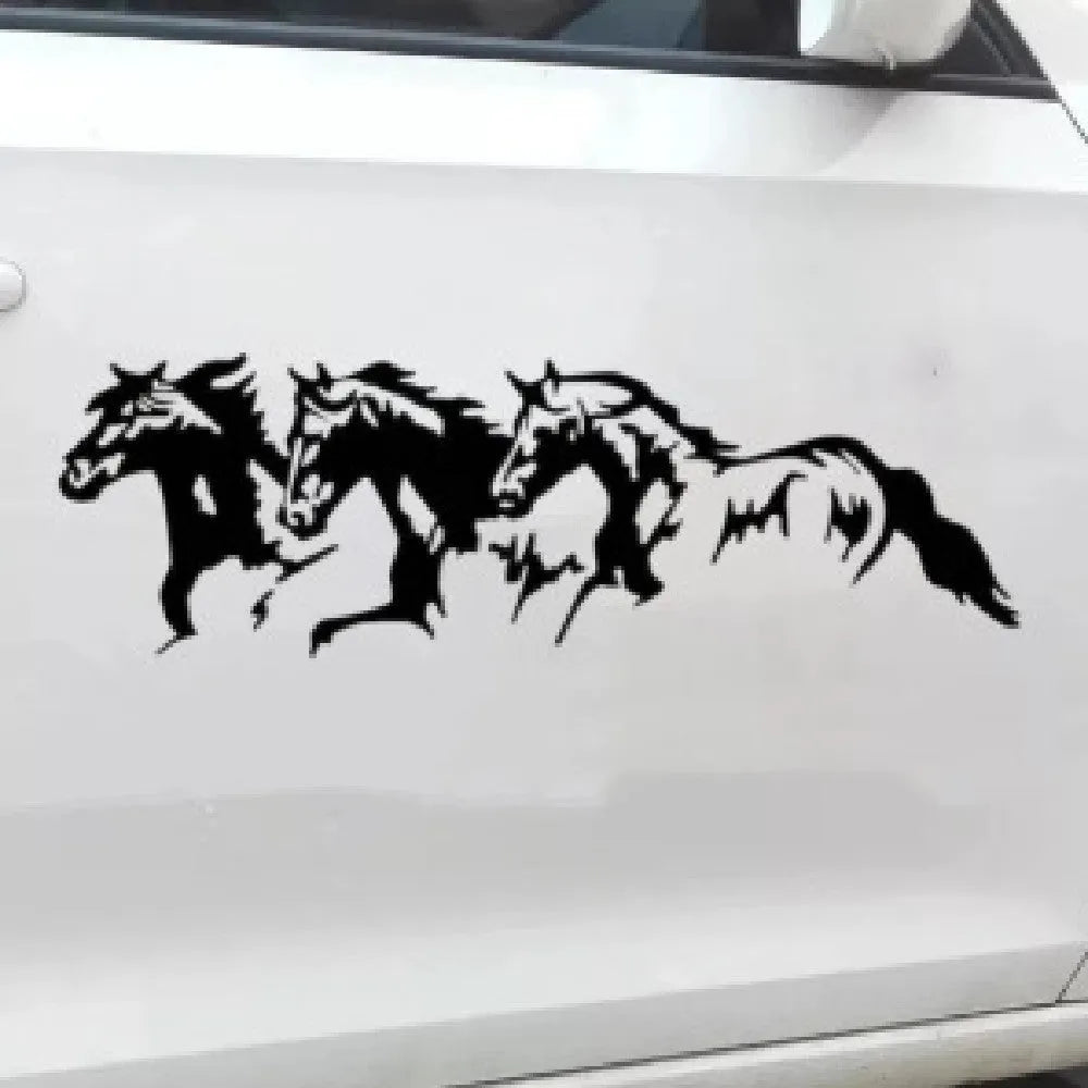 Black, white, red, and blue three-horse steed vinyl car decal sticker measuring 25 by 8 centimetres.