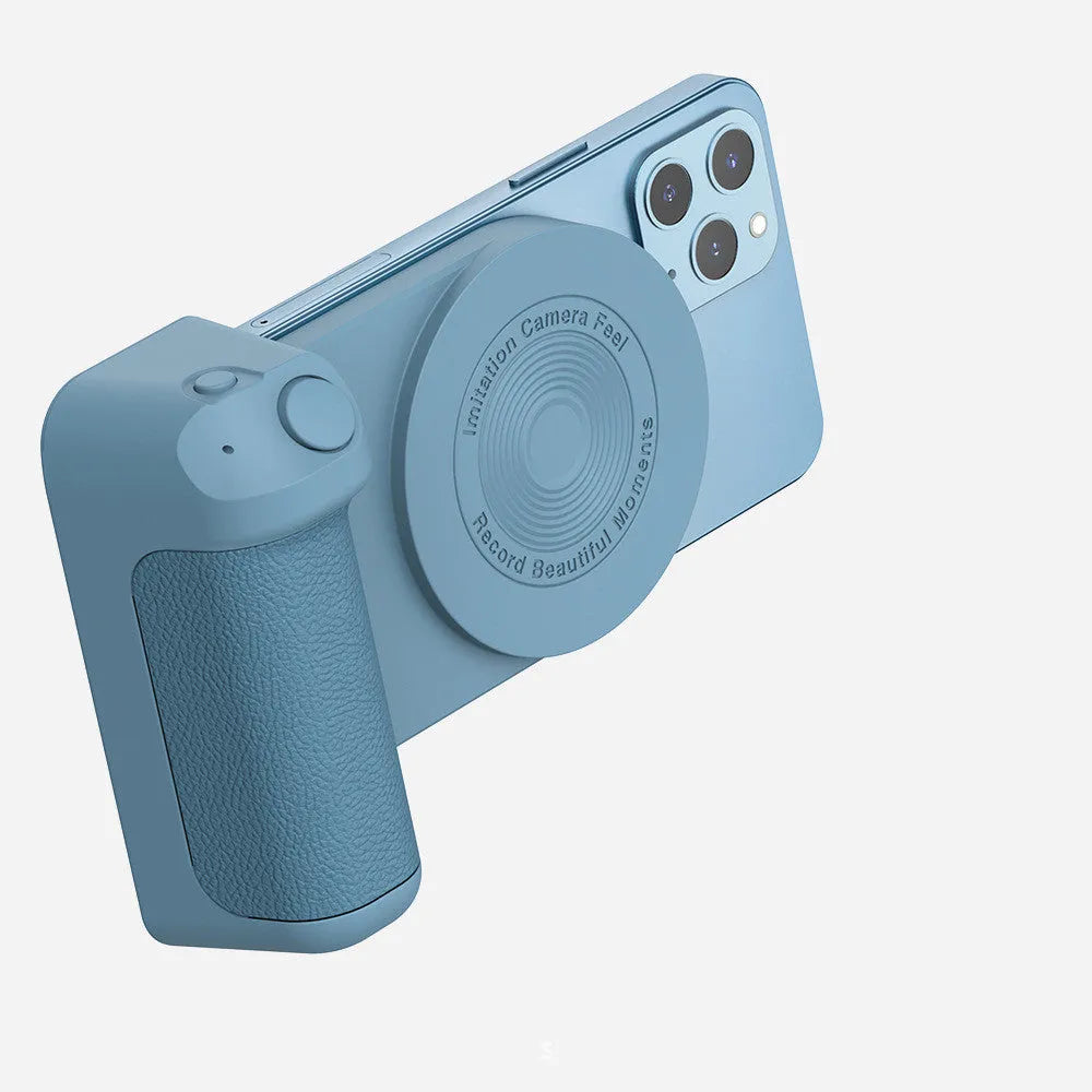 Black magnetic phone camera bracket with ergonomic PU leather handle on table