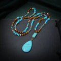 Turquoise blue water drop pendant necklace with mixed gem inlay on ball bead chain